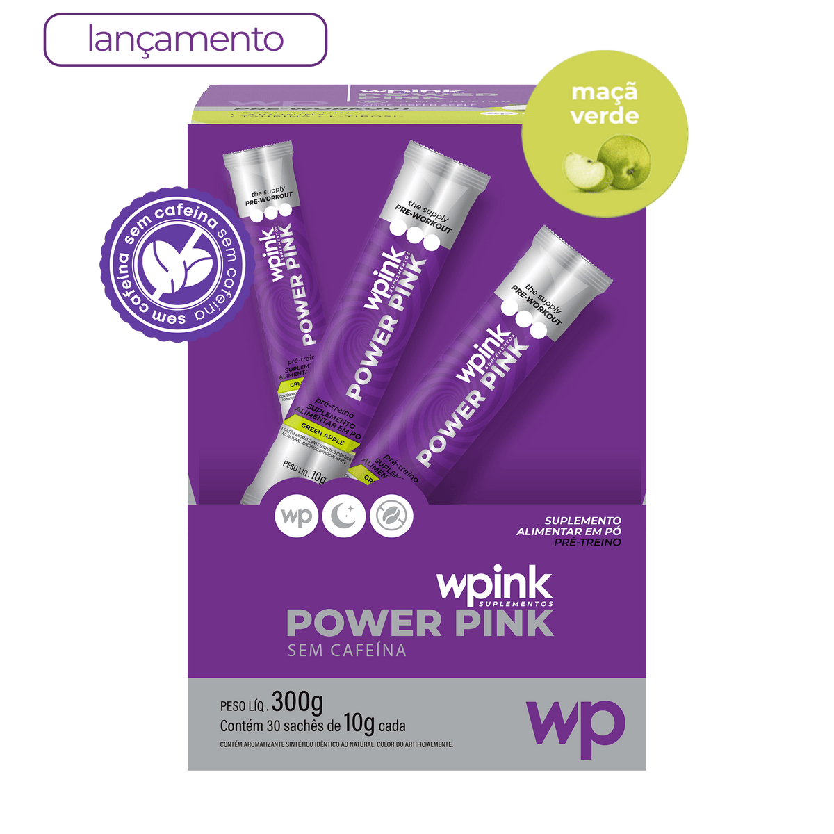 power pink sem cafeína de maçã verde - pré-treino - 300g - wp