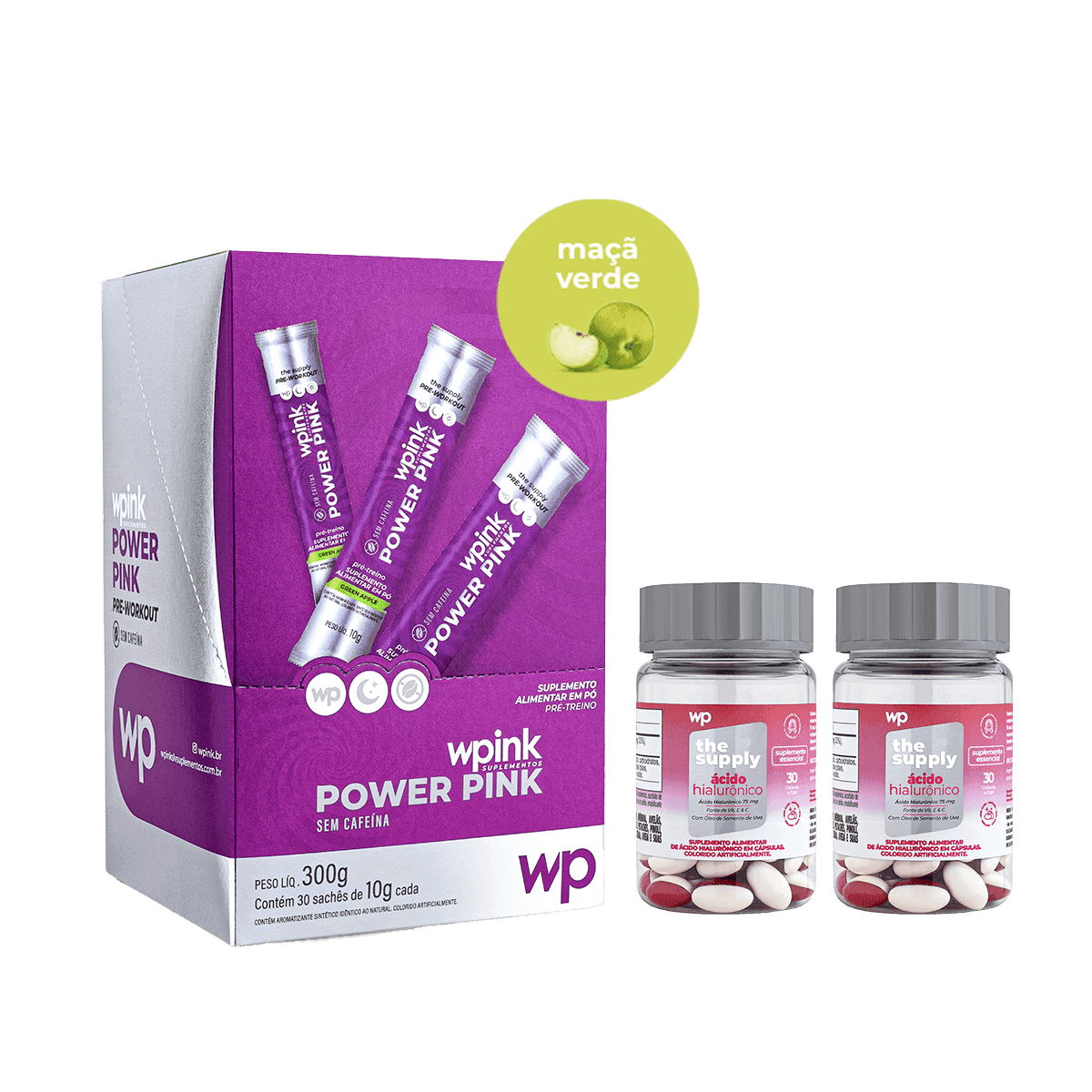 power pink sem cafeína de maçã verde - pré-treino - 300g + 2 ácidos hialurônicos