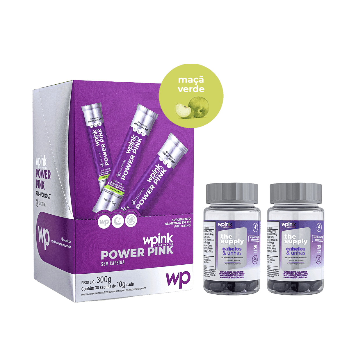 power pink sem cafeína de maçã verde - pré-treino - 300g + 2 cabelos e unhas