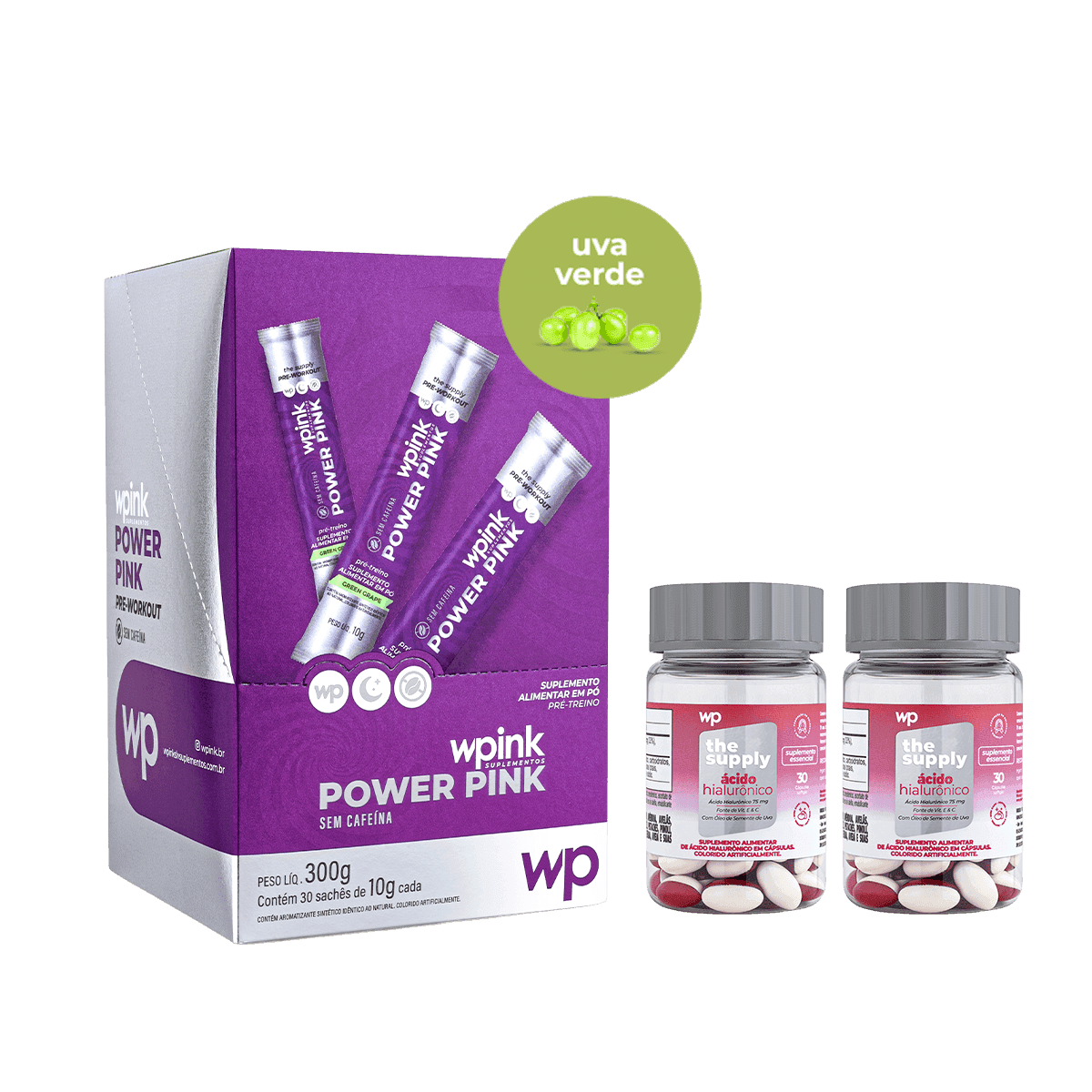 Power pink sem cafeína de uva verde - pré-treino - 300g + 2 ácidos hialurônicos