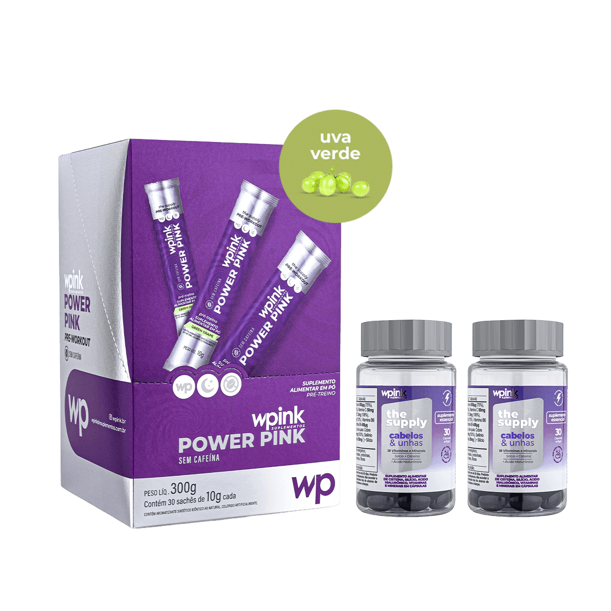 power pink sem cafeína de uva verde - pré-treino - 300g + 2 cabelos e unhas