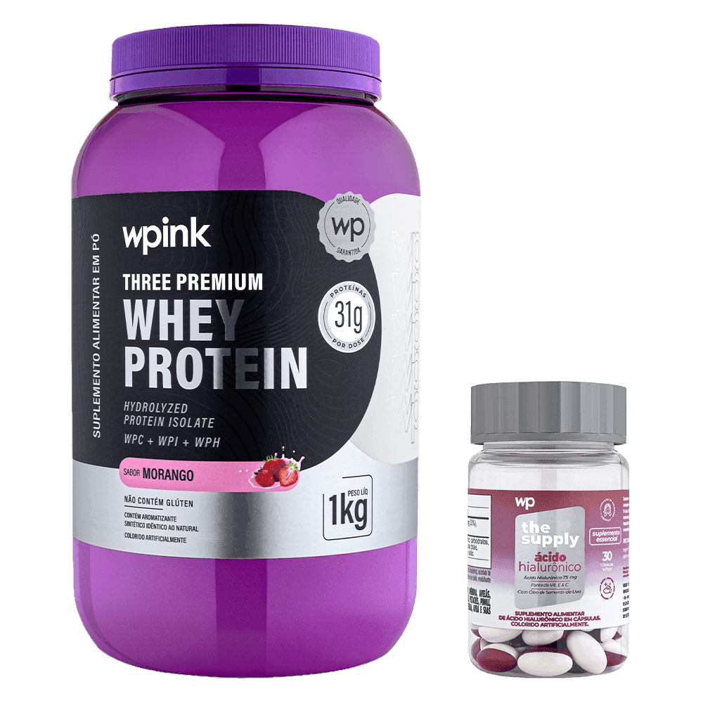 three premium whey protein morango – 1 kg + ácido hialurônico – wp