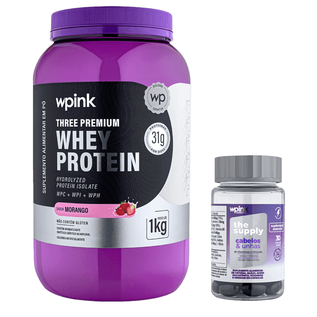 three premium whey protein morango 3W 1kg + cabelos e unhas - wp